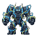 Stone golem crackling with blue and yellow electrical energy, glowing white eyes, massive clenched fists.