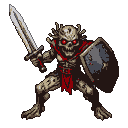 Skeletal warrior with glowing red eyes, holding a sword and shield, draped in tattered red cloth.