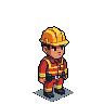 Isometric pixel art construction worker in orange hard hat and red uniform with yellow stripes, utility belt, and dark boots against a black background.