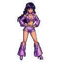 Anime woman in a shimmering purple disco outfit with pixelated sequins, hands on hips, long dark hair.