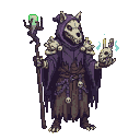 Grim necromancer with wolf skull mask, tattered purple robe, bone pauldrons, and skull adornments, holding a staff crackling with green energy and a rabbit skull emitting blue light.