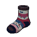 A maroon ribbed sock with cream, pink, and dark blue stripes and floral motifs, angled with the toe pointing left and down.