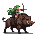 Elven archer with green hair and pointed ears drawing a bow, perched on a bristly boar with tusks.