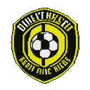 Soccer club logo: shield with black and yellow sections, featuring a black and white soccer ball, with "DULUTH" above and "FC" below.