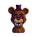 Menacing, pixelated Freddy Fazbear with glowing magenta eyes and a wide, toothy grin, wearing a dark purple top hat, stares directly forward against a black background.