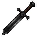 Worn dark steel sword hilt with textured brown grip and chipped, battle-scarred blade.