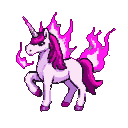 Unicorn with pearlescent white body and fuchsia-pink flames erupting from its mane, tail, and foreleg. Its horn is also pink.