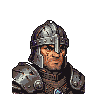 Pixel art portrait of a stern-faced warrior in segmented helmet and battle-worn armor.
