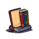 A stack of three books with burgundy, emerald green, and brown spines, leaning against a large open book with faint text. This arrangement sits on a thick, open book with a blue-tinted cover.