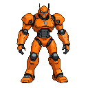 Formidable humanoid robot with orange exoskeleton and glowing red eyes.