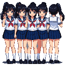 Four anime schoolgirls in sailor uniforms with black ponytails stand in a line, three facing forward with peace signs and smiles, and one from the back with a peace sign.