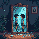 Child with dark hair in a blue outfit stands before a large, ornate mirror shattered into many pieces, each reflecting a distorted image of the child.