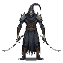 Skeletal figure in dark, tattered robes and menacing pauldrons, holding two curved blades. A hollow-eyed skull is visible beneath a deep shadow cast by the hood.