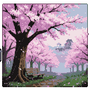 A grand sakura tree with pink and white blossoms stands beside a wooden bench on a dirt path. Light rain falls, and cherry blossom petals drift through the air. A traditional Japanese castle is visible in the hazy distance.