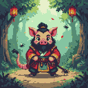 Anthropomorphic pig warrior in red and gold robe and black topknot stands on a forest path holding a staff, with two red lanterns hanging nearby.