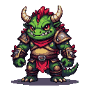 Green-skinned monster with sharp horns, spiky red mane, crimson eyes, metallic armor, and red bandana, in a battle-ready stance.