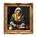 Woman with fair skin, wearing a white headscarf and blue and yellow garment, preparing food with a bowl and utensils.