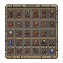 A 8x5 grid of item slots within a stone-framed medieval inventory interface. Slots contain icons for a red potion, wooden staff, sword, blue cloth, and blue gem, rendered in a muted, earthy color palette.