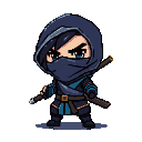A diminutive ninja, face obscured by a dark blue mask and hood, stands poised with two wooden staffs and teal accents on their tunic.