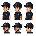 Pixelated portraits of a young boy in a black Lacoste cap, t-shirt, and shorts. His expression varies, and some portraits show him with a beard.