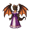 Regal dragon in a purple gown with gold trim and spread wings.