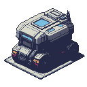 Solitary futuristic vehicle station with angular metallic structure in muted grays and deep blues, featuring glowing cyan windows and orange/red lights.