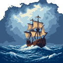 A lone ship with taut sails navigates rough, frothing waves under a dramatic, cloudy sky.