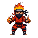 Red-cloaked ninja with a black mask, flames erupting from their head like a crown and dancing around their outstretched hands.