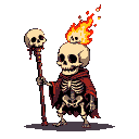 Pixel Art: Faça um esqueleto segurando um cajado com uma caveira pegando fogo em cima do cajado (generated with AI by Nymlaith Sorcerer).