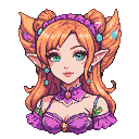 Pixie princess with vibrant orange hair in buns, teal eyes, pointed ears, and a purple ornate outfit.