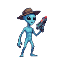 Pixel Art: light blue alien in hat and with gun