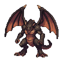 A dark-scaled dragon with wide-spread wings, sharp claws extended, and piercing eyes.