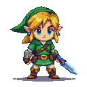 Young hero in green tunic and pointed cap, holding a sword, with blonde hair and elven ears.