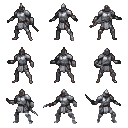 Stoic warrior in gleaming silver segmented armor and helmet, poised for combat.