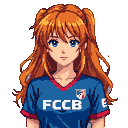 Young woman with fiery orange pigtails and blue eyes, wearing a royal blue soccer jersey with "FCCB" across the front.