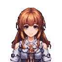 A gentle anime girl with auburn hair and a soft smile, wearing a detailed outfit with off-the-shoulder sleeves and intricate lacing.
