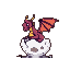 Small ruby-red dragon with orange wings and golden horns perches on a cracked white egg, looking left.
