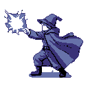 Wizard casting white energy from outstretched hand, wearing blue cloak and pointed hat.