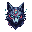 Futuristic cybernetic kitsune mask with glowing cyan eyes, metallic blue, pink, and cyan accents, and a pulsing forehead gem.