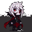 Chibi vampire Scarlet in a battle stance, wearing a charcoal leather tunic with silver buckles and a tattered scarlet cape. Her messy white hair frames her face, revealing glowing crimson eyes and tiny fangs.
