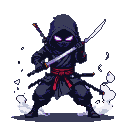 Shadowy ninja with glowing purple eyes, holding two katanas, surrounded by white smoke, with a red sash.