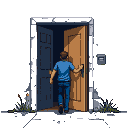 Pixel Art: person entering a door (generated with AI by Taliwyr Banshee).