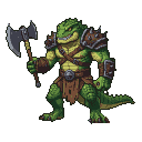 Pixel Art: lizard barbarian boss, cartoon pixel style