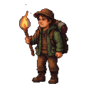 Solitary traveler in outdoor gear and wide-brimmed hat holds a flickering torch aloft.