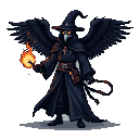 Cloaked figure with raven mask, feathered wings, and a ball of fire in hand.