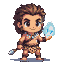 Chibi cave boy hunter with tousled brown hair, leopard print loincloth, and a necklace of crocodile teeth, holding a glowing ice-blue magic crystal aloft. A spear rests beside him.