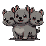 A baby Cerberus with three round heads, each with large, curious eyes. The central head has an open, smiling mouth. The creature has gentle gray fur, rounded ears, and a stout, puppy-like body.