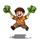 A happy boy leaps with joy, holding bunches of green vegetables in each hand.