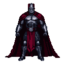 Warrior in metallic armor with a deep red cape and skirt, wearing a helmet.