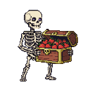 Pixel Art: skeleton is holding treasure chest full of strawberries (generated with AI by pixie.haus).